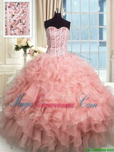 Beading and Ruffles Quince Ball Gowns Rose Pink Lace Up Sleeveless Floor Length