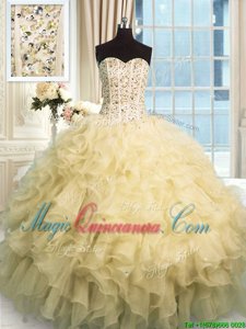 Noble Champagne Sweetheart Neckline Beading and Ruffles Quince Ball Gowns Sleeveless Lace Up