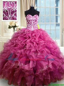 Fuchsia Organza Lace Up Ball Gown Prom Dress Sleeveless Floor Length Beading and Ruffles