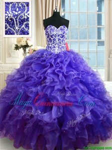 Graceful Purple Organza Lace Up Sweetheart Sleeveless Floor Length Sweet 16 Dresses Beading and Ruffles