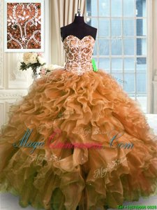 Fabulous Brown Organza Lace Up 15 Quinceanera Dress Sleeveless Floor Length Beading and Ruffles