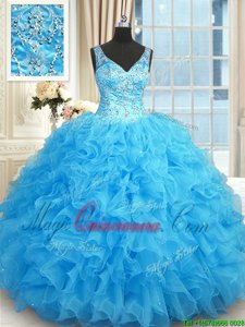 Blue Organza Zipper V-neck Sleeveless Floor Length Sweet 16 Dresses Beading and Ruffles
