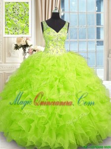 Sweet 16 Dress Military Ball and Sweet 16 and Quinceanera and For with Beading and Ruffles V-neck Sleeveless Zipper