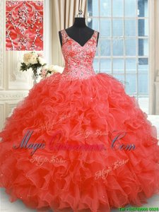 Coral Red Organza Zipper Sweet 16 Quinceanera Dress Sleeveless Floor Length Beading and Ruffles