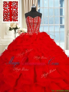 Red Lace Up Sweetheart Beading and Ruffles Quinceanera Dress Organza Sleeveless Brush Train