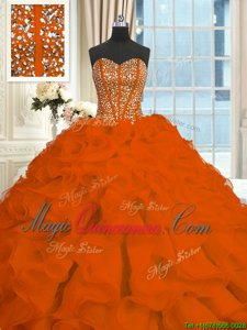 Decent Organza Sleeveless With Train Ball Gown Prom Dress Brush Train and Beading and Ruffles