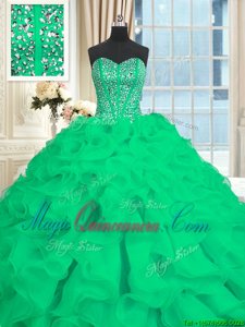 Glamorous Sweetheart Sleeveless Quince Ball Gowns With Brush Train Beading and Ruffles Turquoise Organza