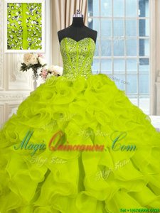 Sleeveless With Train Beading and Ruffles Lace Up 15th Birthday Dress with Yellow Green Brush Train