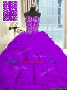 Fancy Brush Train Ball Gowns Quinceanera Gown Eggplant Purple Sweetheart Organza Sleeveless With Train Lace Up
