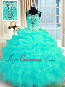 Turquoise Ball Gowns Straps Sleeveless Organza Floor Length Zipper Beading and Ruffles 15th Birthday Dress