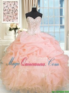 Sleeveless Floor Length Beading and Ruffles Lace Up Vestidos de Quinceanera with Baby Pink