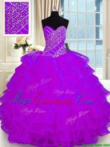 Stunning Purple Ball Gowns Sweetheart Sleeveless Organza Floor Length Lace Up Beading and Ruffled Layers Quinceanera Gowns