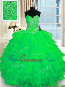 Edgy Beading and Ruffled Layers Quince Ball Gowns Green Lace Up Sleeveless Floor Length