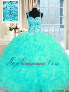 Fine Floor Length Lace Up Vestidos de Quinceanera Aqua Blue and In for Military Ball and Sweet 16 and Quinceanera with Embroidery and Ruffles