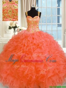 Comfortable Sleeveless Organza Floor Length Lace Up Quinceanera Gowns in Orange Red for with Embroidery and Ruffles