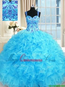 Baby Blue Sleeveless Organza Lace Up 15th Birthday Dress for Military Ball and Sweet 16 and Quinceanera