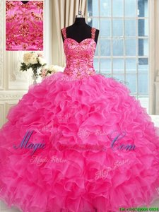 Pretty Hot Pink Sleeveless Organza Lace Up Quince Ball Gowns for Military Ball and Sweet 16 and Quinceanera