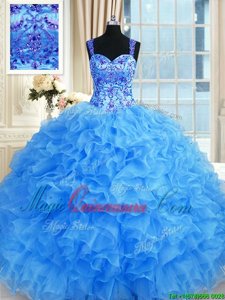Designer Baby Blue Sweetheart Neckline Beading and Embroidery and Ruffles Vestidos de Quinceanera Sleeveless Lace Up