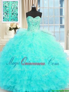 Sweetheart Sleeveless 15th Birthday Dress Floor Length Beading and Ruffles Aqua Blue Tulle