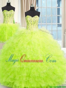 Sexy Three Piece Strapless Sleeveless Tulle Sweet 16 Dress Beading and Ruffles Lace Up