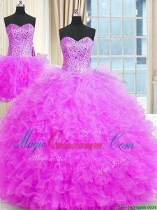 Dramatic Three Piece Sleeveless Beading and Ruffles Lace Up Sweet 16 Dress