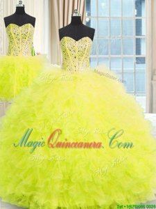 Three Piece Yellow Ball Gowns Tulle Strapless Sleeveless Beading and Ruffles Floor Length Lace Up Quinceanera Gowns