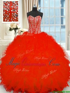 Organza Strapless Sleeveless Lace Up Beading and Ruffles Vestidos de Quinceanera in Red