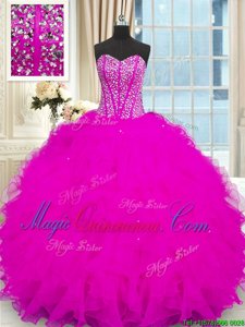 Floor Length Lace Up Quinceanera Gown Fuchsia and In for Military Ball and Sweet 16 and Quinceanera with Beading and Ruffles
