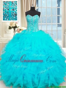 Affordable Sleeveless Organza Floor Length Lace Up Sweet 16 Dress in Baby Blue for with Beading and Ruffles