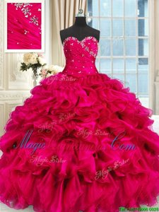 Sweetheart Sleeveless Quinceanera Dresses Floor Length Beading and Ruffles Hot Pink Organza