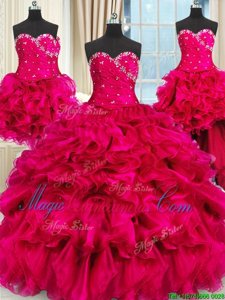 Custom Design Four Piece Hot Pink Three Pieces Sweetheart Sleeveless Organza Floor Length Lace Up Beading and Ruffles and Ruching 15 Quinceanera Dress