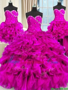 Four Piece Fuchsia Sweetheart Neckline Beading and Ruffles and Ruching Quinceanera Gown Sleeveless Lace Up