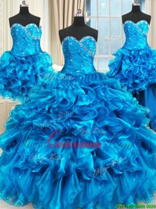 Four Piece Blue Organza Lace Up Sweetheart Sleeveless Floor Length Sweet 16 Quinceanera Dress Beading and Ruffles and Ruching