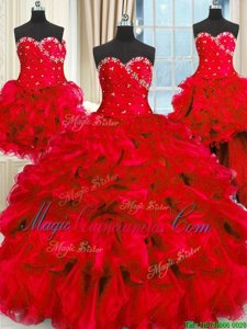 Four Piece Red Lace Up Sweet 16 Dresses Beading and Ruffles and Ruching Sleeveless Floor Length
