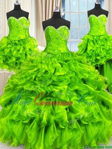 Chic Four Piece Sleeveless Beading and Ruffles and Ruching Floor Length Quinceanera Gown