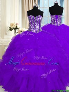 Sweetheart Sleeveless Quinceanera Gowns Floor Length Beading and Ruffles Eggplant Purple Organza