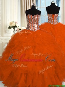 Red Sweet 16 Quinceanera Dress Military Ball and Sweet 16 and Quinceanera and For with Beading and Ruffles Sweetheart Sleeveless Lace Up