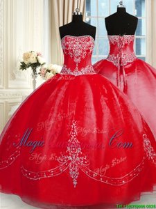 Beading and Embroidery Quince Ball Gowns Red Lace Up Sleeveless Floor Length