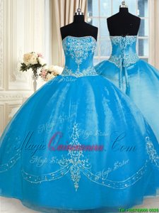 Baby Blue Ball Gowns Tulle Strapless Sleeveless Embroidery Floor Length Lace Up Quince Ball Gowns