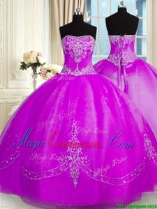 Elegant Purple Lace Up Strapless Beading and Embroidery Quinceanera Gowns Organza Sleeveless