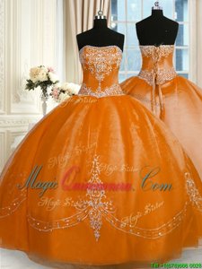 Floor Length Rust Red Quinceanera Gown Organza Sleeveless Beading and Embroidery