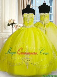 Glorious Yellow Green Organza Lace Up Strapless Sleeveless Floor Length Sweet 16 Quinceanera Dress Beading and Embroidery