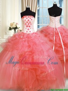 Tulle Sleeveless Floor Length Quince Ball Gowns and Pick Ups and Hand Made Flower