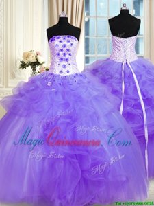 Pick Ups Floor Length Lavender Quinceanera Gown Strapless Sleeveless Lace Up