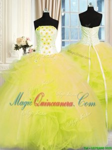 Exquisite Strapless Sleeveless Sweet 16 Dresses Floor Length Beading and Ruffles Yellow Green Tulle
