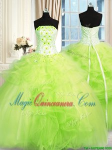 Most Popular Strapless Sleeveless Tulle Quince Ball Gowns Beading and Ruffles Lace Up