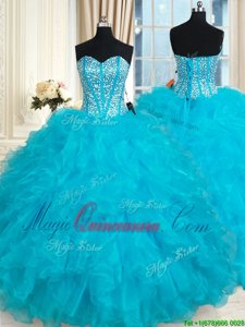 Aqua Blue Ball Gowns Organza Sweetheart Sleeveless Beading and Ruffles Floor Length Lace Up 15th Birthday Dress