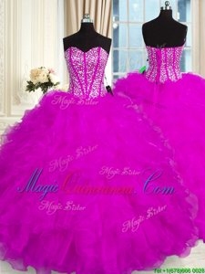 Edgy Fuchsia Lace Up Sweetheart Beading and Ruffles 15 Quinceanera Dress Organza Sleeveless