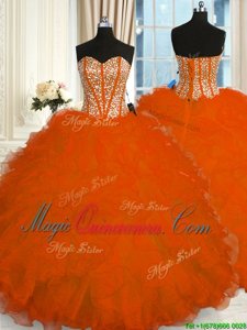 Organza Sweetheart Sleeveless Lace Up Beading and Ruffles Sweet 16 Dress in Red