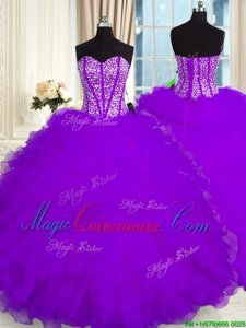 New Style Sleeveless Floor Length Beading and Ruffles Lace Up Quinceanera Gown with Purple